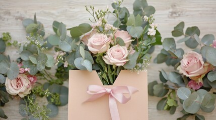 bag with floral bouquet peeking out spring season concept romantic gift giving flower market shopping clean background delicate soft colors aesthetic market vibes feminine design 