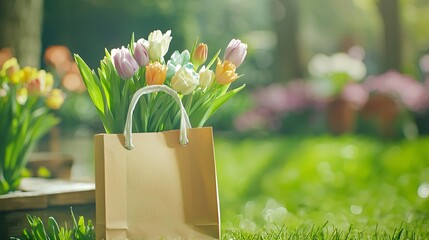 bag with floral bouquet peeking out spring season concept romantic gift giving flower market shopping clean background delicate soft colors aesthetic market vibes feminine design 
