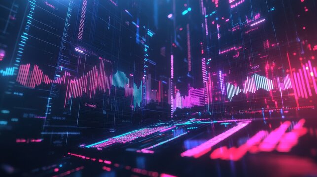 futuristic digital display of colorful financial graphs, charts, and data visualizations in a dark environment. The neon colors create a high-tech and analytical atmosphere
