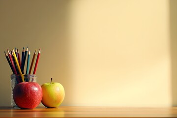 Colorful pencils and apples on a table.  Sunlight highlights the space