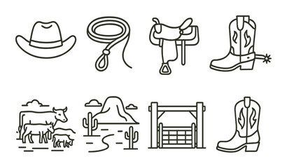 Western icon set. cowboy, hat, saddle, boots, cattle, landscape, ranch, rope linear vector icons.