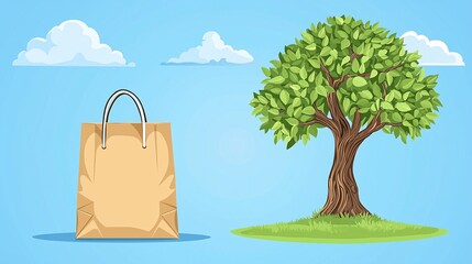 illustration of paper shopping bag turning into a tree concept of recycling sustainability regeneration nature growth clean earth theme artistic transformation eco message symbolic art piece 