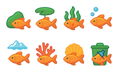 Fototapeta premium Aquarium fish set. marine life flat goldfish, coral, seaweed, shell, bubbles vector icons.
