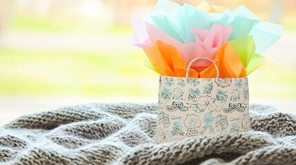 small paper gift bag with a decorative pattern, placed on a cozy knitted blanket. Tissue paper bursts from the top in pastel colors, suggesting a present. Warm indoor lighting. gift bag, paper, 