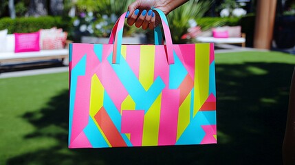 paper shopping bag with a bold geometric print, held by a person with manicured nails. The background is blurred, emphasizing the bag’s design. Bright, vibrant colors stand out. geometric print, 