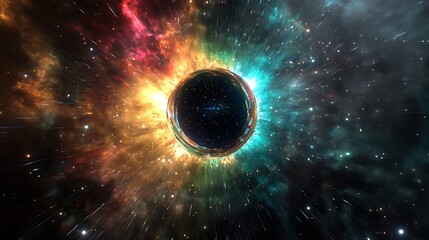 A holographic logo floating in a dark void, with beams of light radiating outward in vibrant colors