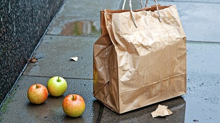 torn paper shopping bag on a sidewalk, with a few fallen apples nearby. Urban setting with slight rain puddles, moody lighting. Symbolizes waste or accidental drop. torn paper bag, shopping, 