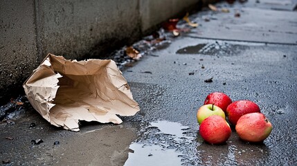 torn paper shopping bag on a sidewalk, with a few fallen apples nearby. Urban setting with slight rain puddles, moody lighting. Symbolizes waste or accidental drop. torn paper bag, shopping, 