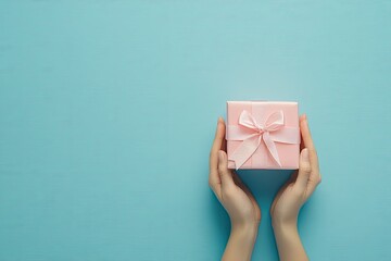 Hands holding a pale pink gift box with a pale pink ribbon
