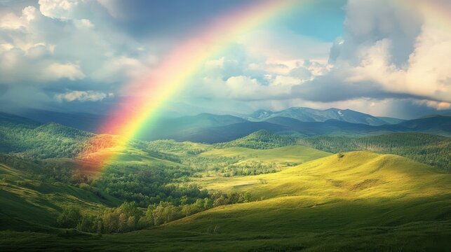 Rainbow Over Mountain Valley: A vibrant rainbow arches over a lush green valley nestled between rolling hills, a breathtaking natural wonder painting the sky with vibrant hues.