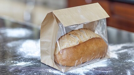 transparent windowed paper bag revealing a freshly baked baguette inside. Placed on a rustic kitchen counter with flour dusting. Warm, inviting feel. transparent window, paper bag, baguette, 