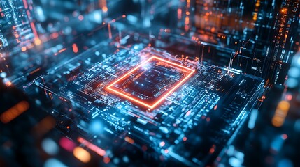 Obraz premium A holographic logo floating in a dark space with a swirling light trail, glowing softly with vibrant colors 