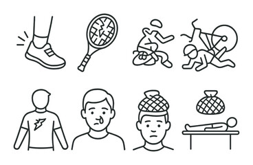 Sports injury set. athletic care silhouette icons: sprain, tennis, wrestling, ice, therapy vector icons.