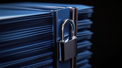 Stack of blue folders is secured with silver padlock, symbolizing data protection and security. background is dark, enhancing focus