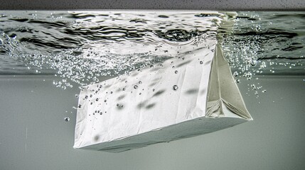 paper shopping bag submerged in clear water, floating slightly with air bubbles. Surreal, artistic composition with a dreamlike quality. submerged, paper bag, water, floating, air bubbles, surreal, 