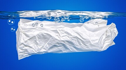 paper shopping bag submerged in clear water, floating slightly with air bubbles. Surreal, artistic composition with a dreamlike quality. submerged, paper bag, water, floating, air bubbles, surreal, 