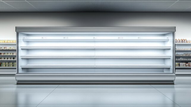 A sleek refrigerated display case with empty shelves stands in a grocery store, highlighting minimalism and emptiness
