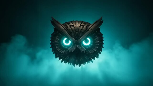 Mechanical owl head with glowing eyes