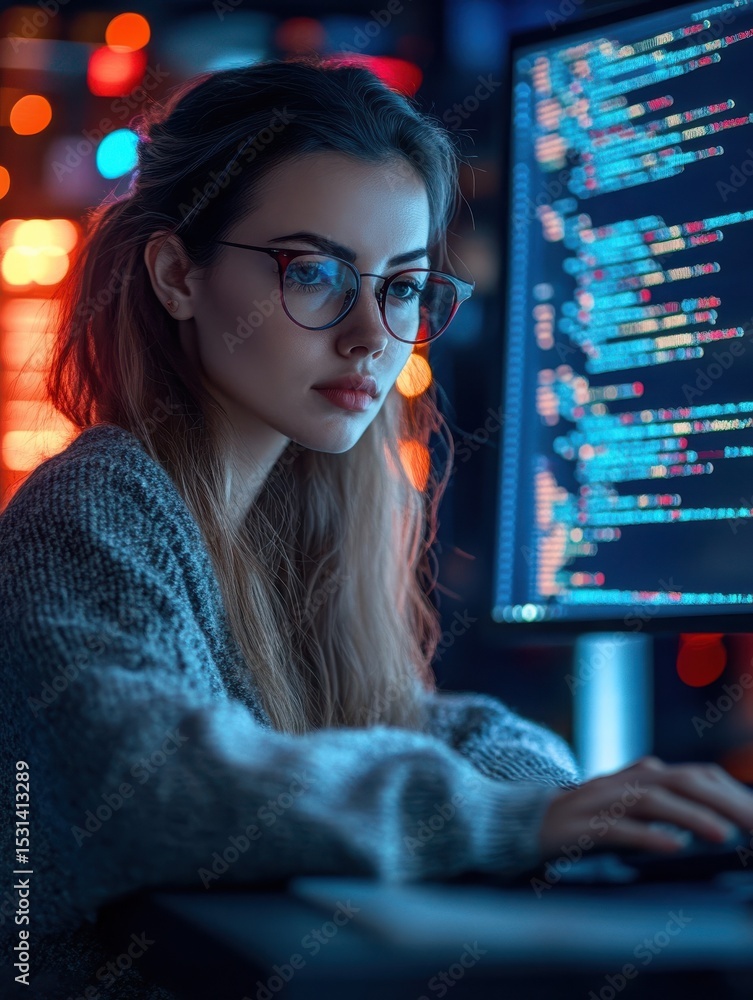 Poster programmer woman coding on computer, generative ai