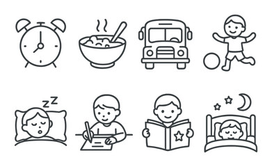 Daily routine set. linear kids activities: clock, breakfast, bus, play, sleep, study, read vector icons.