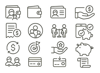 Financial icon set. banking, wallet, card, money, piggybank, linear style vector icons
