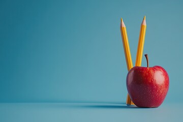 Two yellow pencils and a red apple on a light teal background
