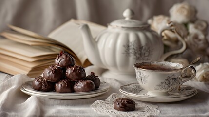 Fototapeta premium An elegant tea-time setup with chocolate-covered prunes, fine china, and linen cloth