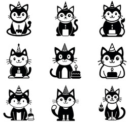 Cute Black Cat Birthday Party Clipart Illustrations Set