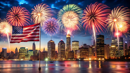 Seamless Patriotic Firecracker Pattern with Stars and Flags for Fabric
