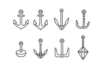 Anchor set. nautical marine linear anchors. anchor, chain, marine, boat, ship, hook vector icons.