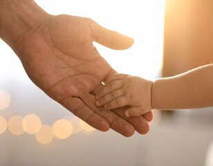 A baby's delicate hand rests securely within the larger, protective hand of a father