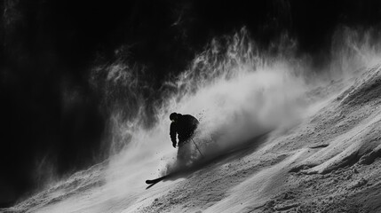 Monochrome Image of Skier in Powder Snow