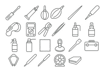 Cleaning tools set. home maintenance linear cleaning tools: brush, vacuum, spray, cloth vector icons.