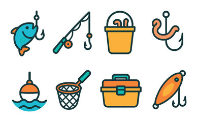 Fishing tools set. angling equipment flat icons. fish, rod, bait, hook, tackle box vector icons.
