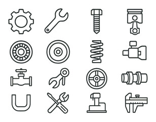 Obraz premium Mechanical tools set. engineering and repair linear tools. wrench, gear, drill, piston vector icons.