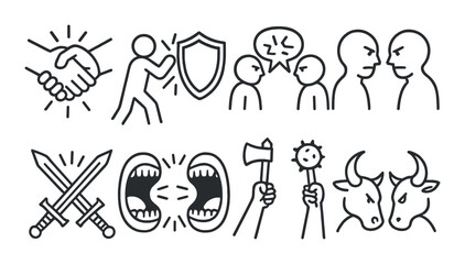 Obraz premium Conflict emotions set. emotions, debate, argument, weapon, bull, protection linear vector icons