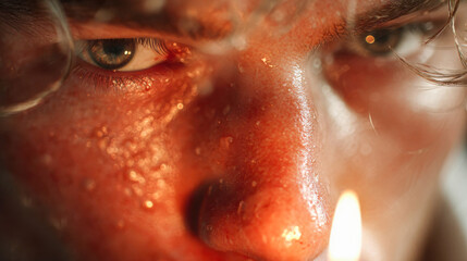 Intimate close-up of a man focused expression as he prepares to blow out a birthday candle, with warm light reflecting off his face