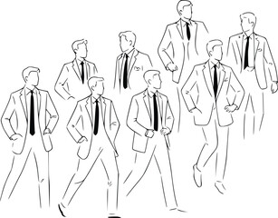 Stylish Men in Suits Walking Together Business Professionals Teamwork Concept Illustration, silhouette