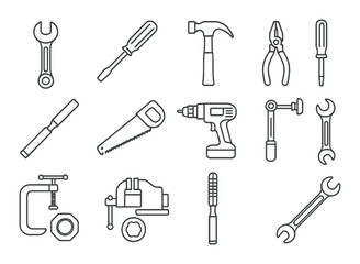 Obraz premium Tool set. hardware, tools, silhouette hammer, screwdriver, wrench, drill vector icons.