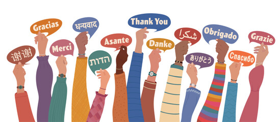 Raised hands of multicultural people from different nations and continents holding speech bubbles with text THANK YOU in various international languages