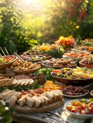 Delicious international buffet feast sunny outdoor celebration