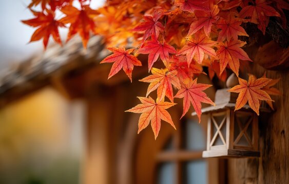 Ancient building adorned with red maple leaves and a lantern in autumn light creating a warm, tranquil atmosphere