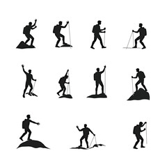 Silhouette climbers mountain hiking adventure set