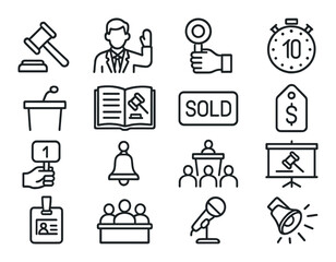 Auction icon set. bidding and sale linear gavel, podium, microphone, sold, stopwatch vector icons.
