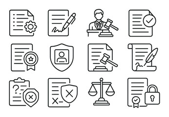 Legal document set. justice and law linear icons. contract, gavel, scale, shield vector icons.