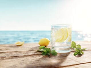 Fototapeta premium Glass of Iced Lemon Water with Mint Leaves on Wooden Table and Ocean View in Bright Summer Sunlight