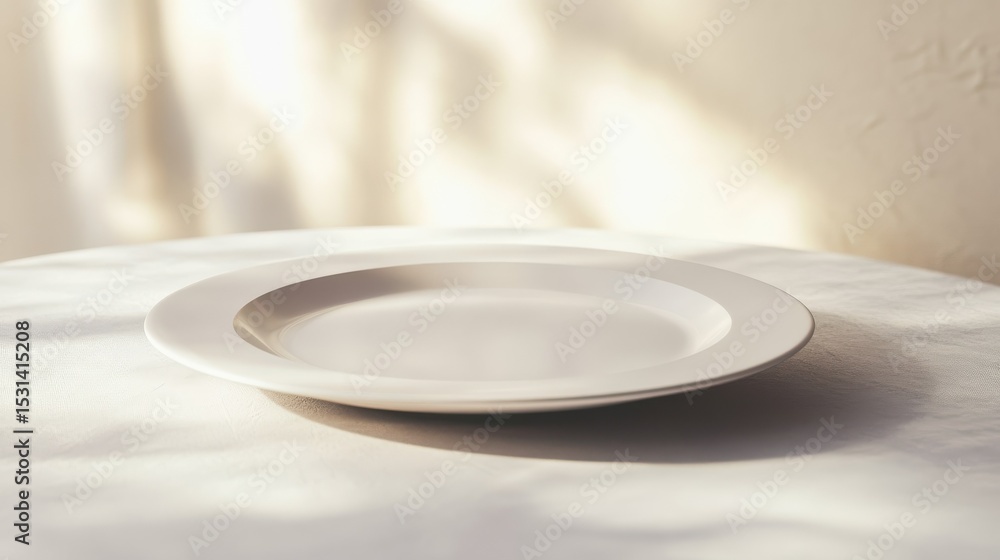 Poster simple white plate with smooth edges placed on a light surface in a well-lit environment for culinar