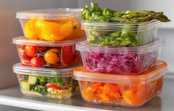 Efficient meal prep containers neatly organized in a refrigerator for healthy eating and effortless meal planning