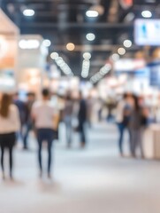 Blurred Background of Busy Trade Show or Convention Center with Attendees and Exhibit Booths