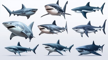a variety of shark species. each depicted in a dynamic pose. emphasizing their distinct features and characteristics this educational illustration serves to highlight the diversity and anatomy of sha